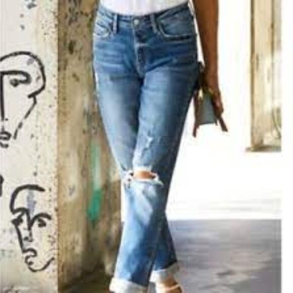 FLYING MONKEY PLATINUM BOYFRIEND DISTRESSED DENIM JEANS MEDIUM WASH RIPS HOLES - Picture 1 of 9